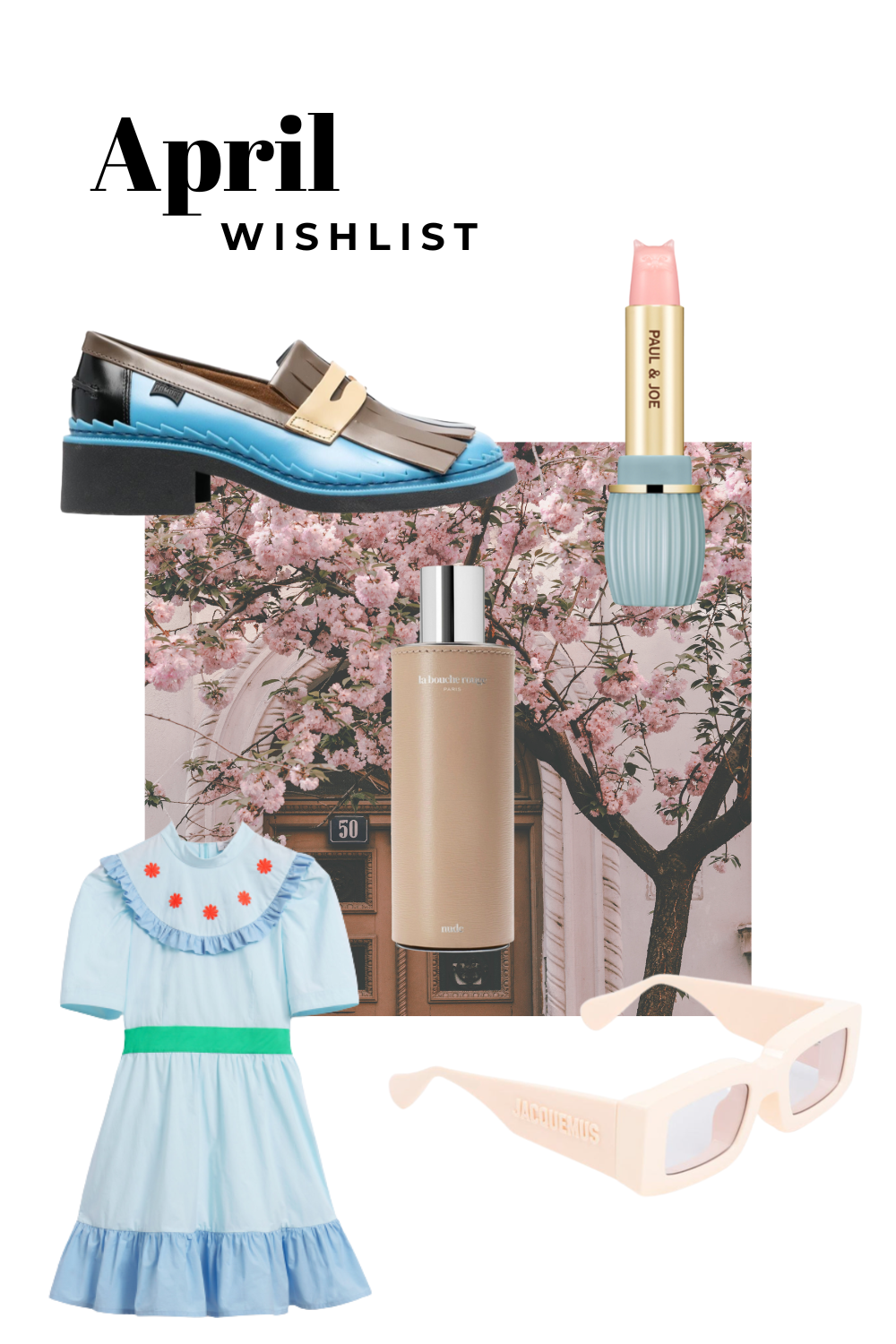 A collage of shoes, a dress, sunglasses, perfume and lipstick